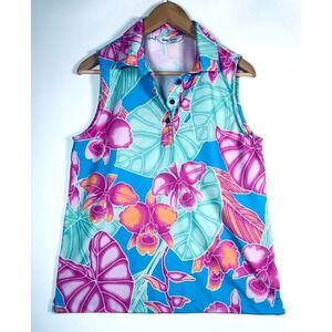 Kenny Flowers Polo Top Womens Large Blue Pink Tropical Floral Sleeveless Golf